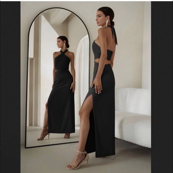 Commense Dresses & Skirts - Commense Crisscross Cutout Halter Split Knit Long Black Maxi Dress small